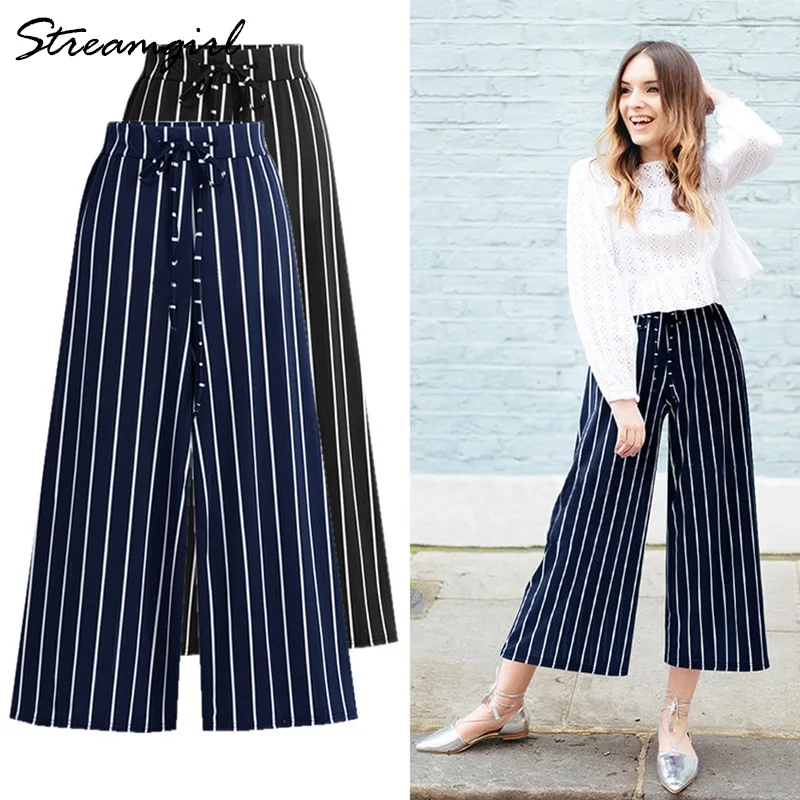

Streamgirl Women's Wide Leg High Waist Striped Pants Office Summer Black Pants With Stripes Plus Size Wide Leg Trousers Women