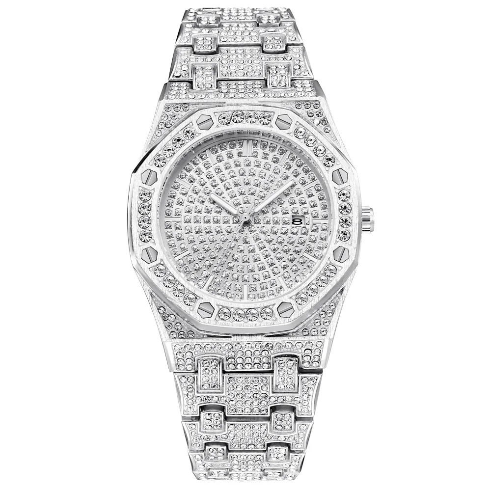 Buy Bling Diamond Watch For Men Iced Out Luxury Mens Quartz Watches Man Dress Wristwatch Silver Stainless Steel Relogio Masculino