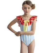 Детские купальники для девочек, полиэстер, Цельный купальник, купальный костюм, бикини, пляжные купальники в полоску, комбинезон, пляжная одежда K418