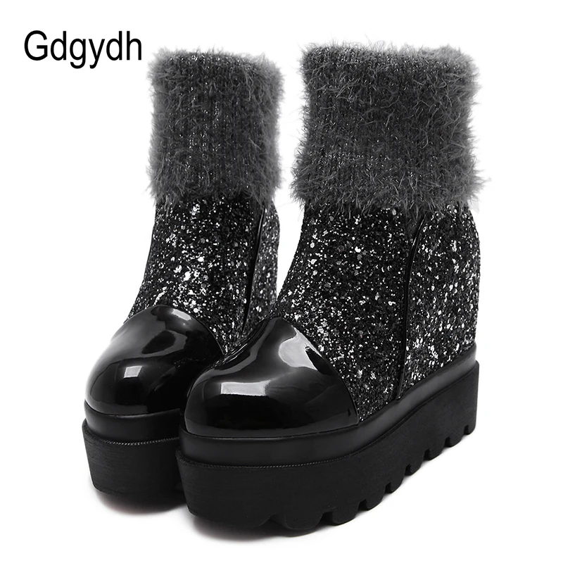 

Gdgydh Platform Heels Warm Round Toe Height Increasing Ankle Boots Fashion Winter Boots Women Slip On 2018 New Autumn Shoes