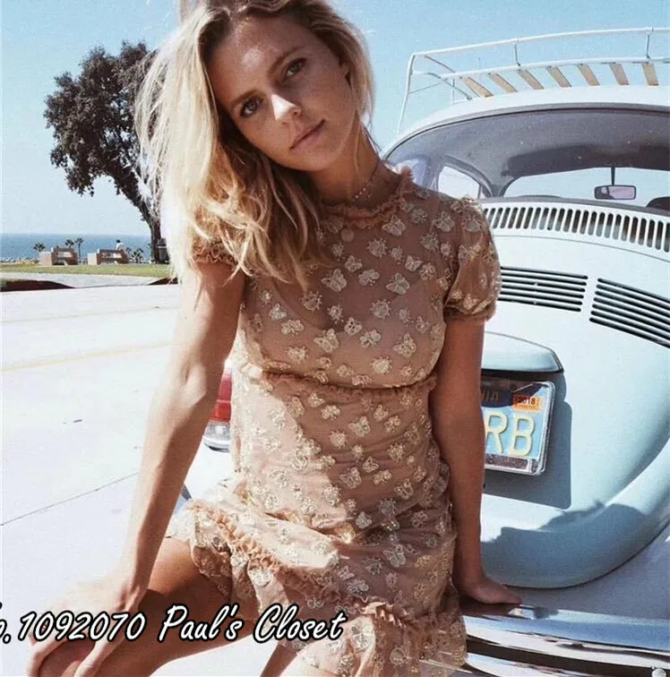 

Women Cap Sleeves Golden Garden Tulle Mini Dress