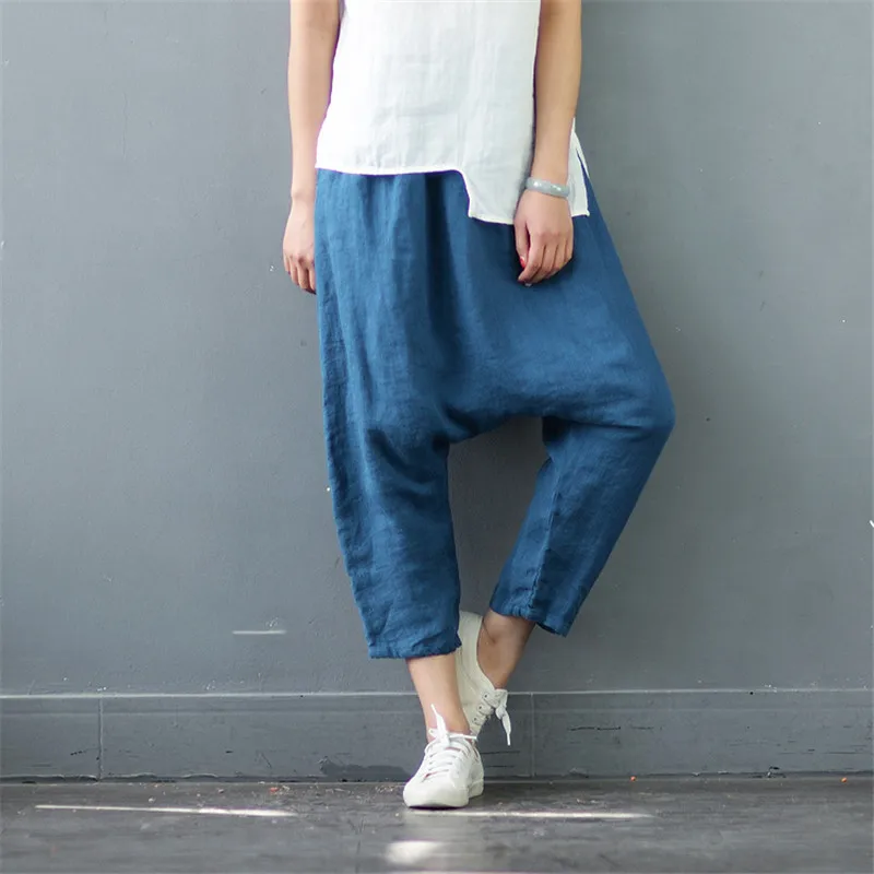 

SCUWLINEN 2019 Women Pants Solid Vintage Elastic Waist 100% Linen Calf-length Cross Pants Casual Loose Trousers for Women S570