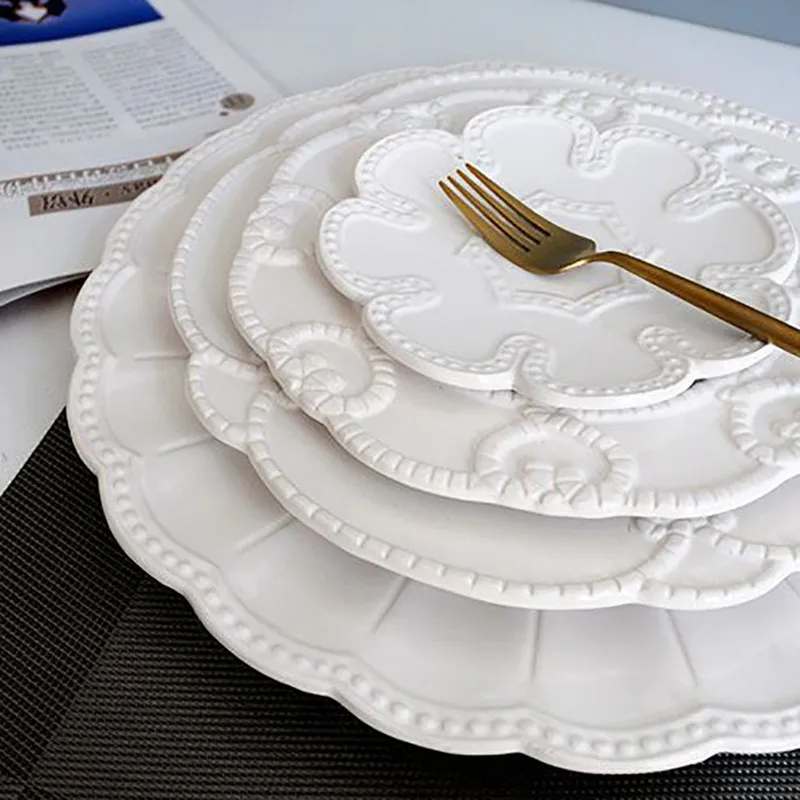 Food Tray Dessert Flat Plate, Steak Dish, Dinnerware, Elegant, Soild White, Delica Basso-relievo, Wedding Dinner Plate Utensil,