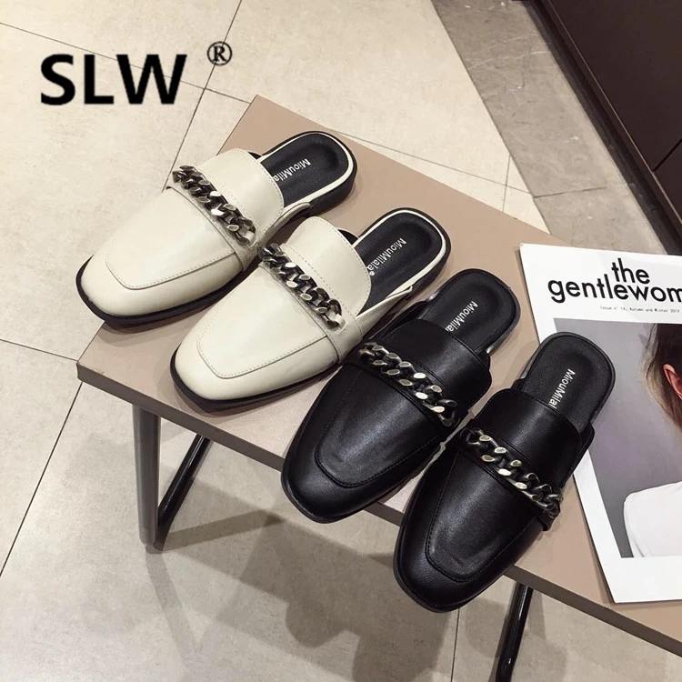 

Mules Womens Shoes Loafers Cover Toe Women's Slippers 2019 Slides New Flat Sliders Luxury PU Basic Rome Rubber