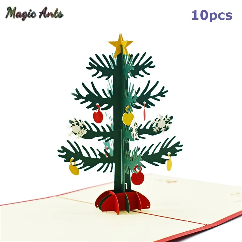 

10 Pack Merry Christmas Gifts Tree Pop UP Cards Santa Card Handmade with Envelope Stickers Laser Cut New Year Greeting Cards