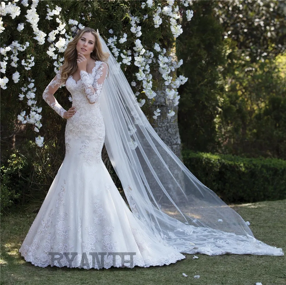 Vestido de Noiva Lucury платье с жемчугом de mariage Сексуальные Длинные рукава Кружева Русалка свадебное платье изготовление на заказ, Платья de festa