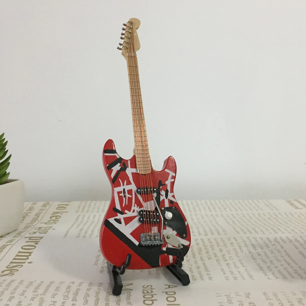 

18cm Dollhouse Miniature Wooden Guitar with Stand Model for 1/6 BJD Doll Accessory Red