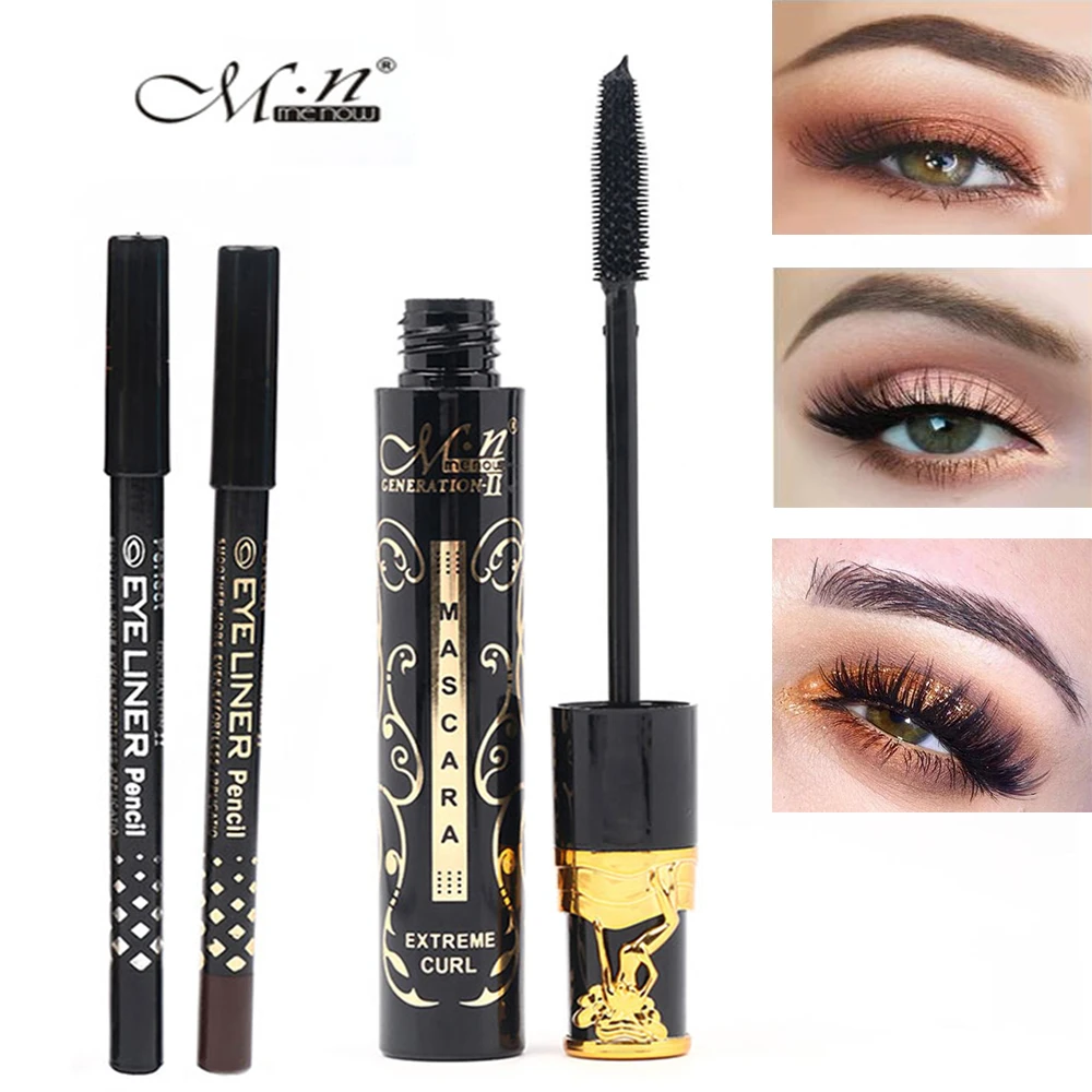 Menow Extreme Curl Mascara+Black & Brown Pencil Makeup Lengthen Thick
