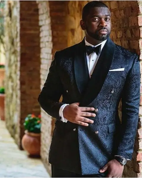 2020 Navy Men Suits Shawl Collar Double Breasted 2 Pieces Groom Tuxedos Wedding Prom Suit Party Suit (Jacket+Pants+Bow Tie)