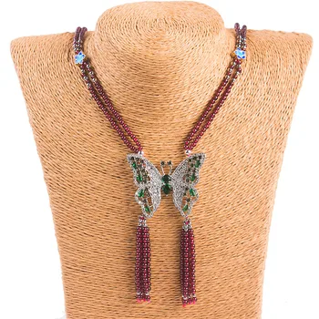 

Genuine Wine Red Natural Garnet Necklaces Butterfly Pendant Fashion Jewelry Long Chain Necklaces For Women
