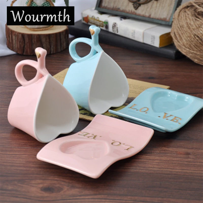 

Wourmth Ceramic Cups And Saucers Blue and pink/set Afternoon tea time Black Tea Set Heart-shaped lovers cup Porcelain