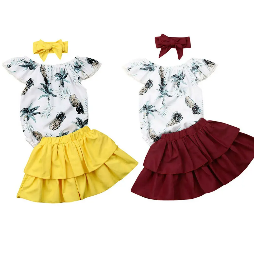 Lovely Infant Baby Girls Clothes Sets Ruffle Sleeves Floral Romper Tops+Solid Skirts+Headband Outfit | Детская одежда и обувь