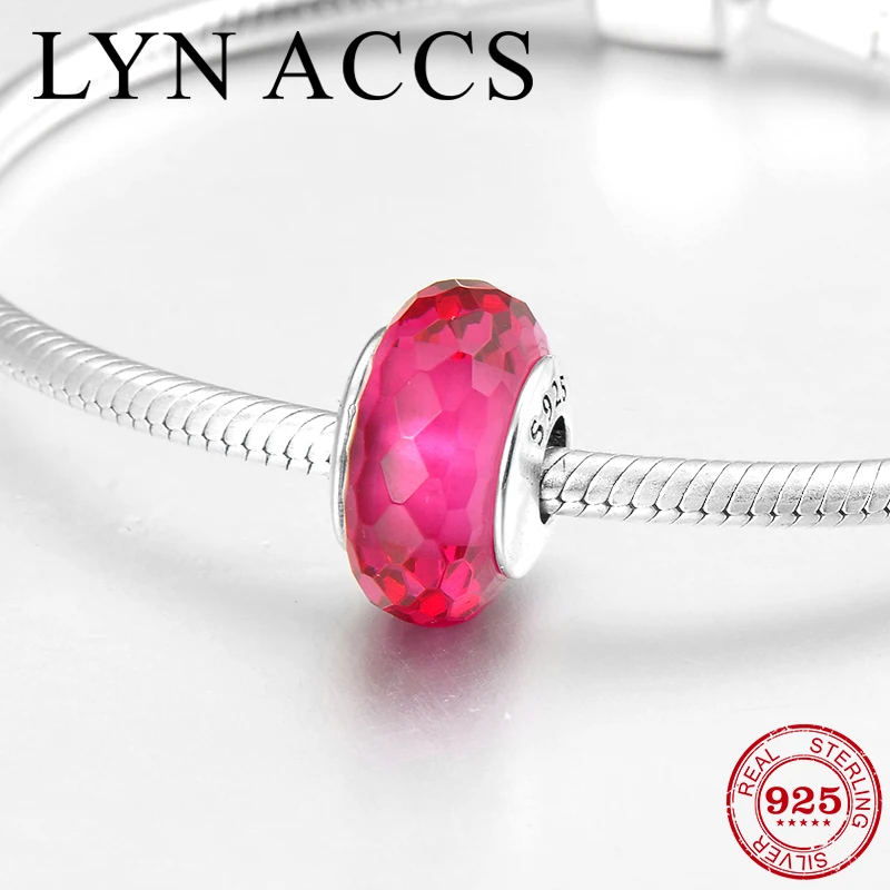 

Authentic 925 Sterling Silver deep pink cut surface fine Murano Glass Beads Jewelry making Fit Original Pandora Charms Bracelet