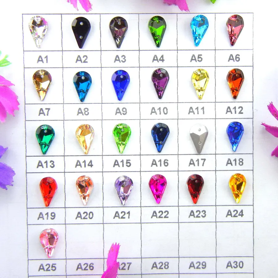 

Glass Crystal Two holes 8*13mm 50pcs/bag nice colors mix Slim water drop pear shape Sew on rhinestone beads garment shoes diy