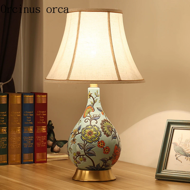 New Chinese classical flower bird pottery table lamp bedroom bedside lamp  American garden desk lamp free shipping