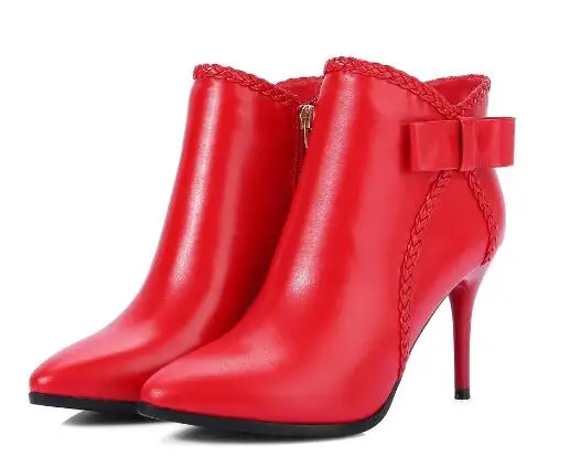 

Autumn new women black/red pointed toe high heel short boots Ladies'solid butterfly-knot super high thin heel ankle boots