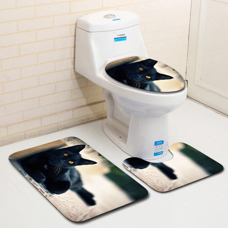 HomeMiYN 2018 Bath Mat 3 Pcs Black Cat Corner Toilet Lid Pads Toilet