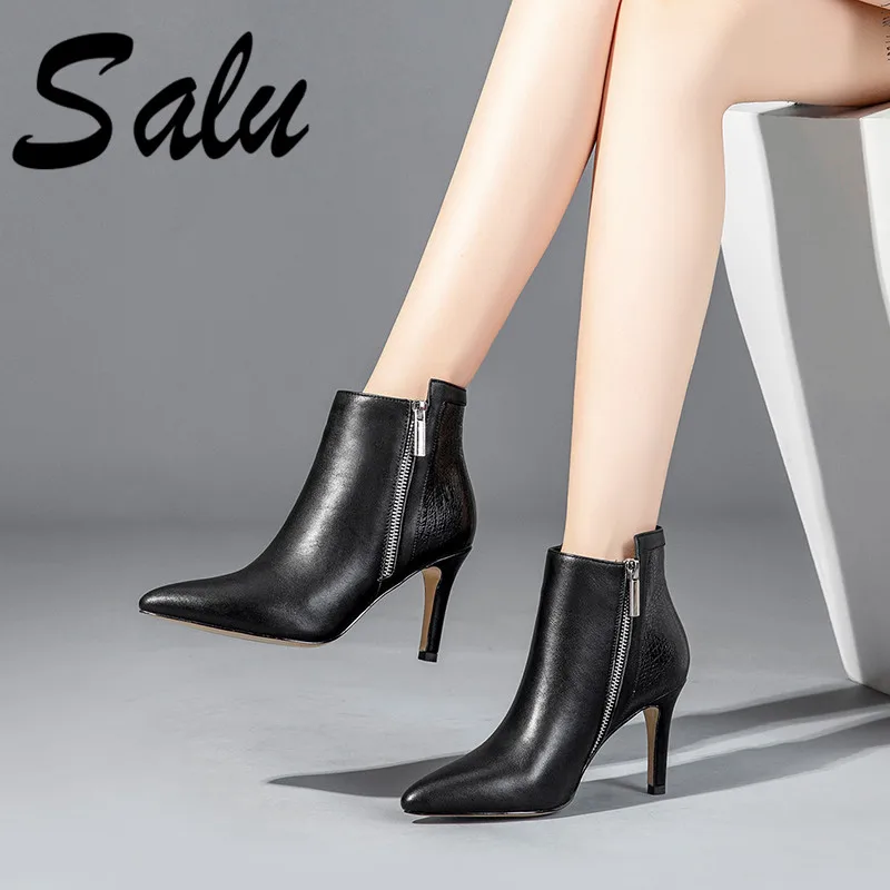 

Salu New Women Genuine Leather High Heels Ankle Boots Autumn Winter Sexy Pointed Toe Single Fashion Ladies Shoes Woman