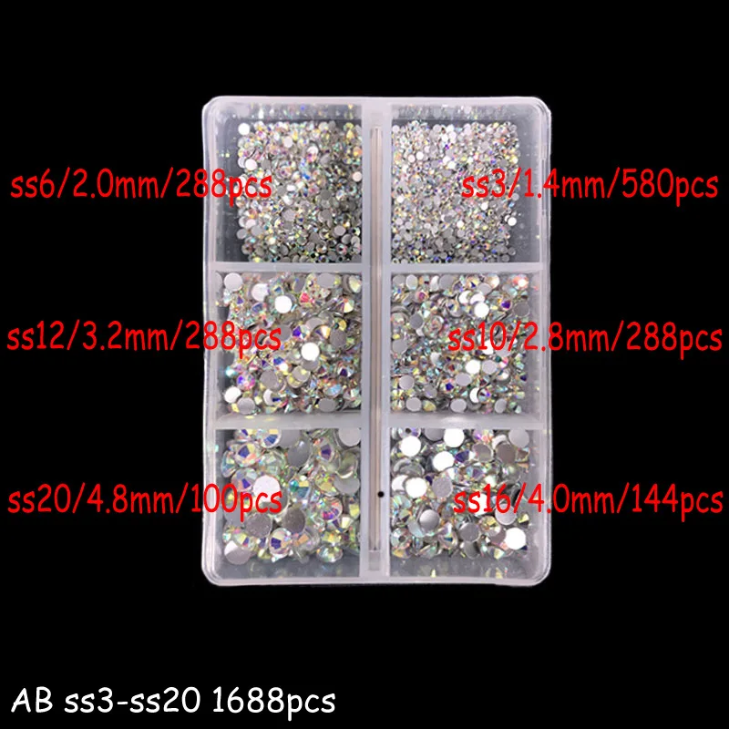 

MYBORMULA 1 Box 1688 pcs ss3-ss20 Non Hotfix Flatback Nail Crystals Glitter Rhinestones 3D Nail Art Decoration Gems Accessories