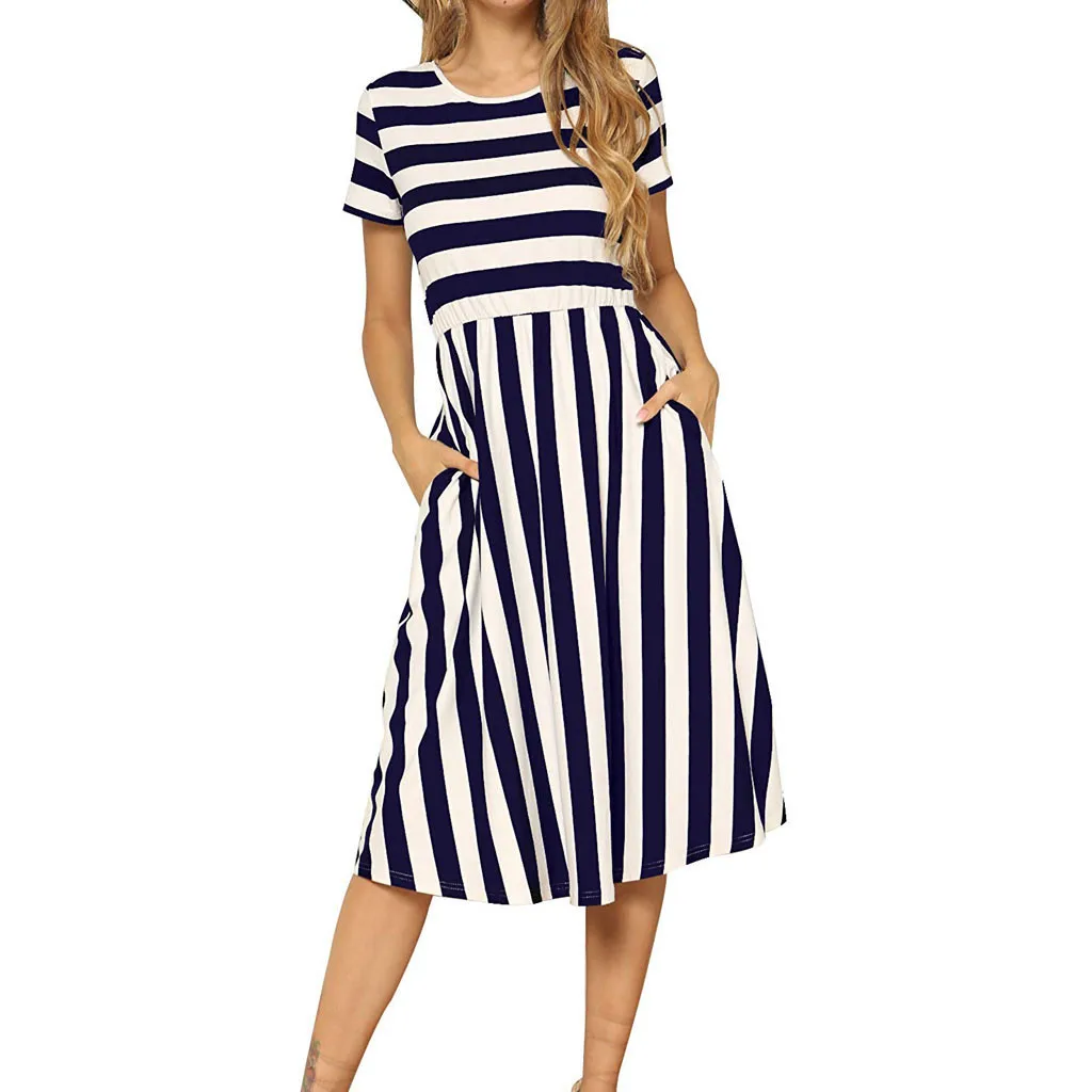 

Summer Dress Women vestido sundress robe femme Women Fashion Short Sleeve Striped Print Pockets Casual Swing Midi Dress #50
