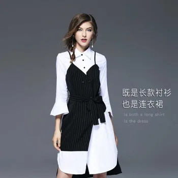 

2018 Spring Dress New Women's Fake Two-Piece Horn Sling Irregular Dress White