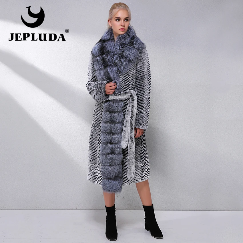 JEPLUDA Шуба Натуральный Мех Кролик Рекс Воротник с Лиса Реальный Мягкий Стройный