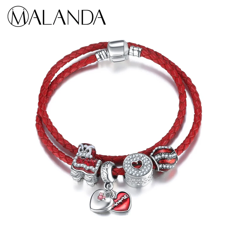 

MALANDA Brand Fashion Ball Beans Double Circle Red Rope Chain Charm bracelets bangles For Women Wedding Jewelry Christmas Gift