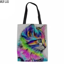 Женская Холщовая Сумка с принтом кота, Женская Большая вместительная Женская пляжная сумка, женские холщовые ручные сумки для покупок