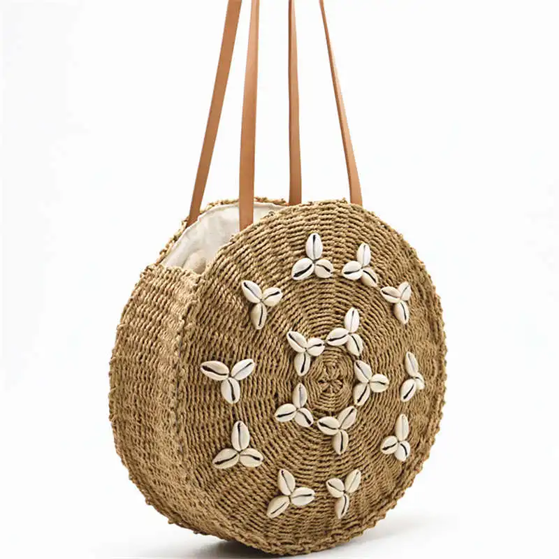 

INS New Round Straw Beach Bag Summer Woven Shell Handmade Shoulder Bag Girls Circle Rattan Braided Detail Tote Bag With zipper