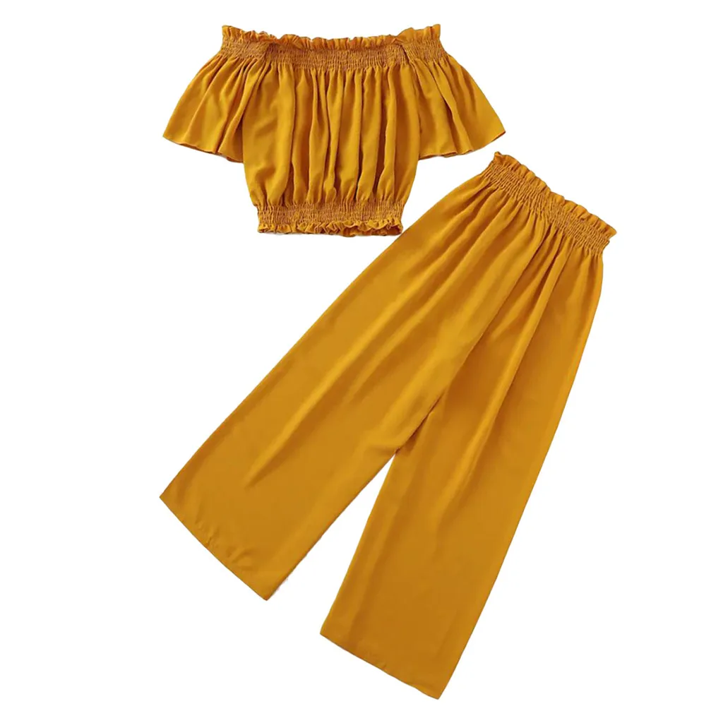 

Women Summer Two Piece Set Sexy Crop Top 2 Piece Suits Plus Size Solid Suits Cold Shoulder Shirt Loose Wide Leg Pant Sets #425