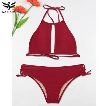 

NAKIAEOI New 2019 Women Bandage Thong Brazilian Bikini Swimwear Female Sexy Solid Bandeau Push up Swimsuit Bikini Set Beachwear