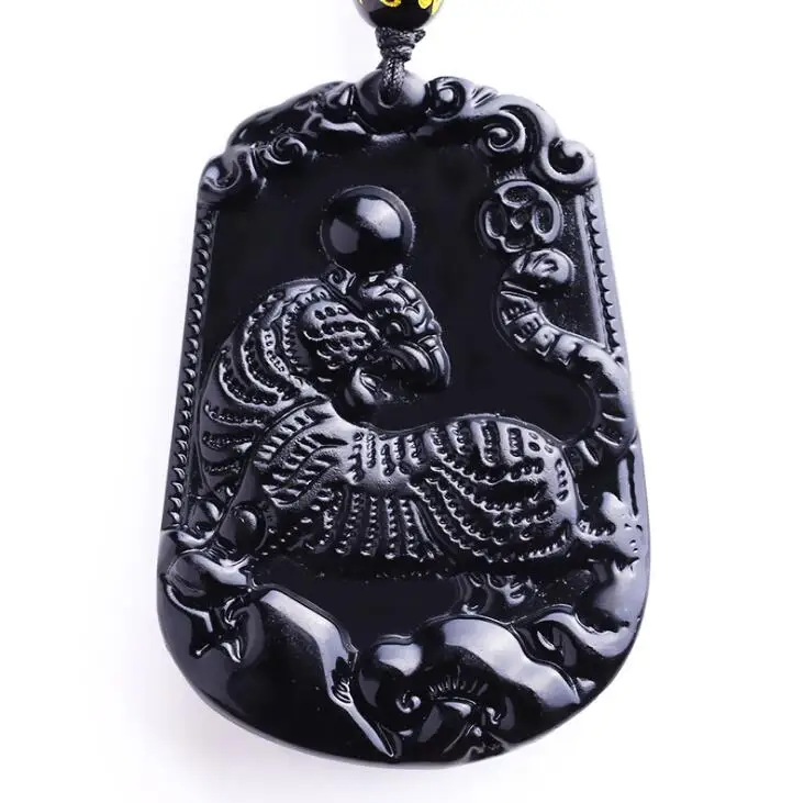 

Natural Black Carved Chinese zodiac tiger Obsidian amulet necklace pendants fine for women and men