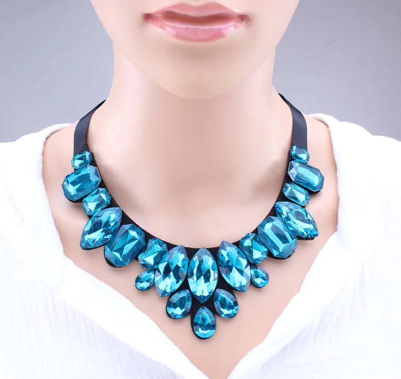 

4 Colors Fashion Statement Long Black Ribbon Shiny Big Oval Water Drop Rhinestone Crystal Choker Necklaces Pendants For Women