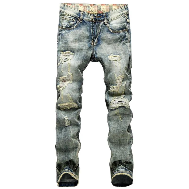 ФОТО GMANCL Ripped Men Jeans Pants With Holes Vintage Distressed Denim Slim Fit Straight Destoyed Torn Biker Jeans Trousers