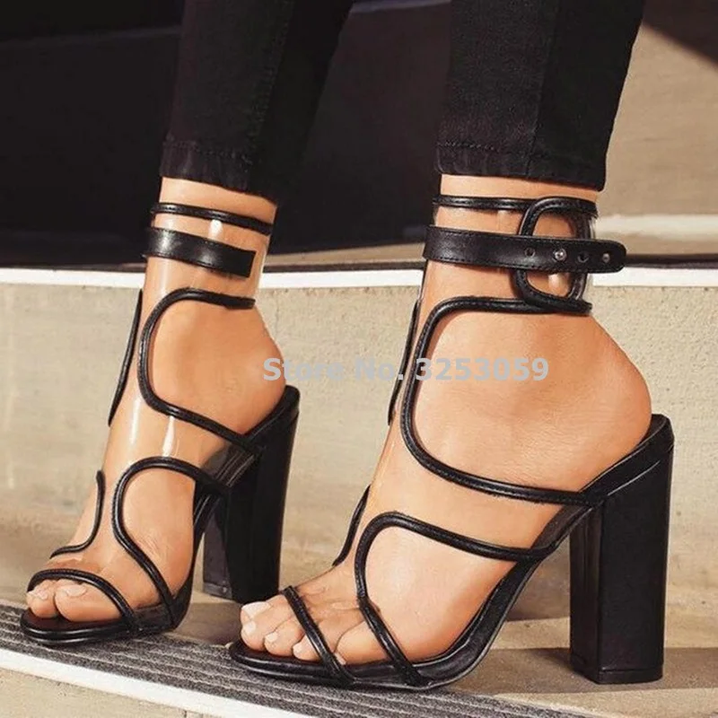 black chunky heels with clear strap