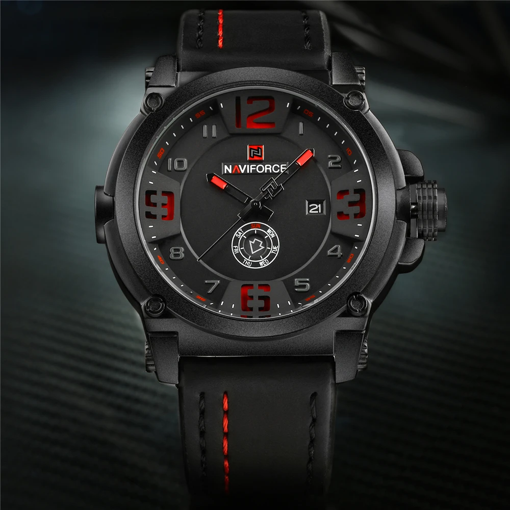 Часы NAVIFORCE мужские спортивные водонепроницаемые с кожаным ремешком
