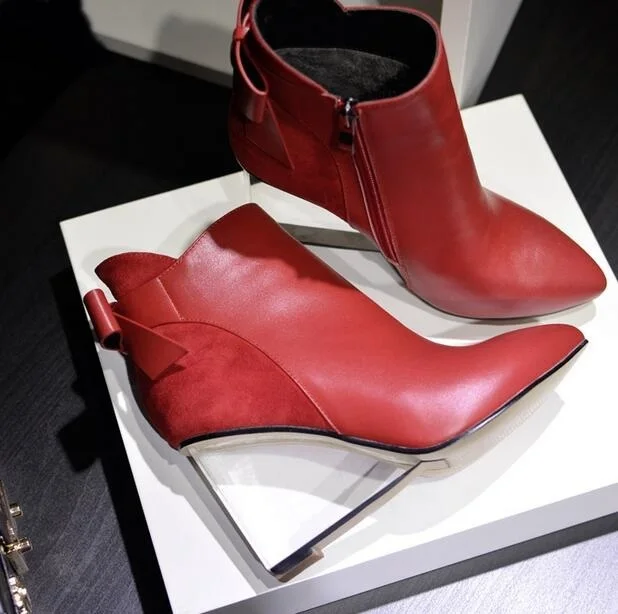 

New Spring/Autumn Fashion Elegant Shoes Bowtie Solid Black/Red Pointed Toe Crystal High Heel Women Ankle Boots Free Ship Size911