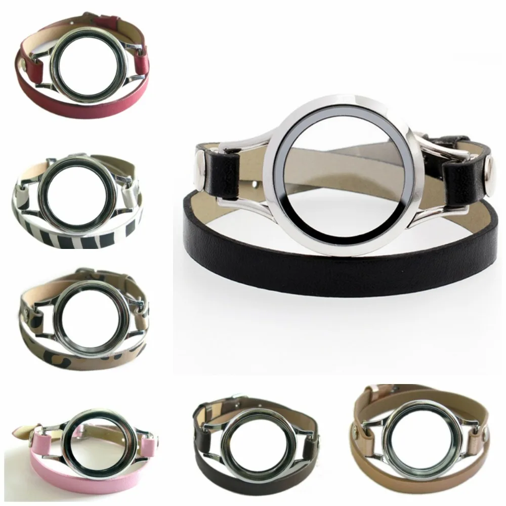 

1pc 30mm Magnet Glass Floating Locket Copy Stainless Steel locket PU Leather Wrap Bracelets each locket with 10pcs random charms