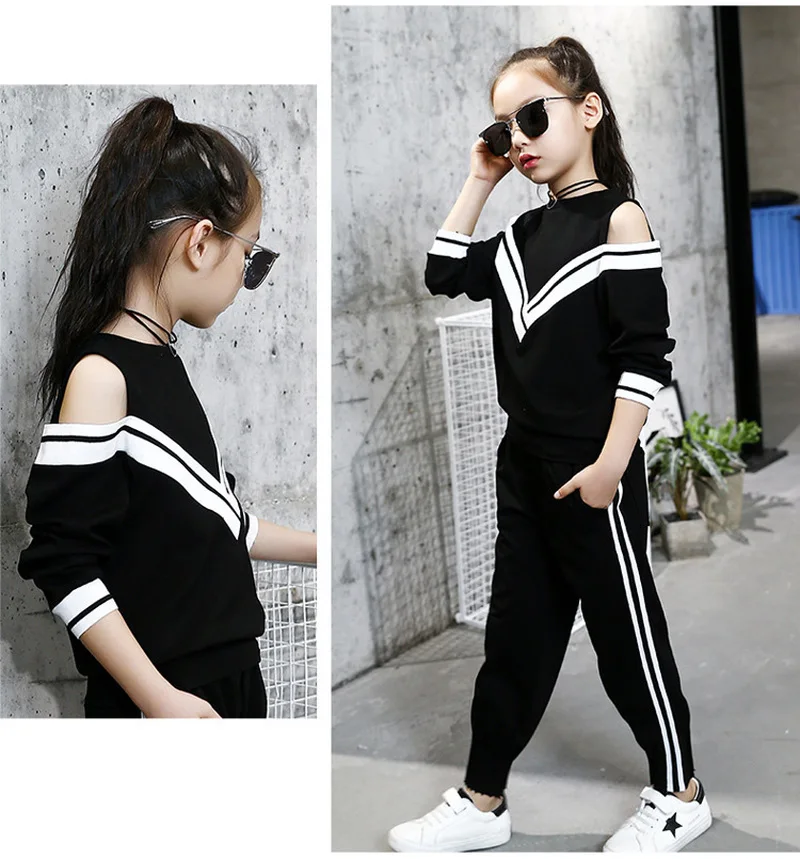 2019 Fashion Big Girls Sports Suits Off Shoulder Black/ White Clothing Set for Teenage Spring Autumn Tracksuit Kids Sportswear 2019 Fashion Big Girls Sports Suits Off Shoulder Black/ White Clothing Set for Teenage Spring Autumn Tracksuit Kids Sportswear