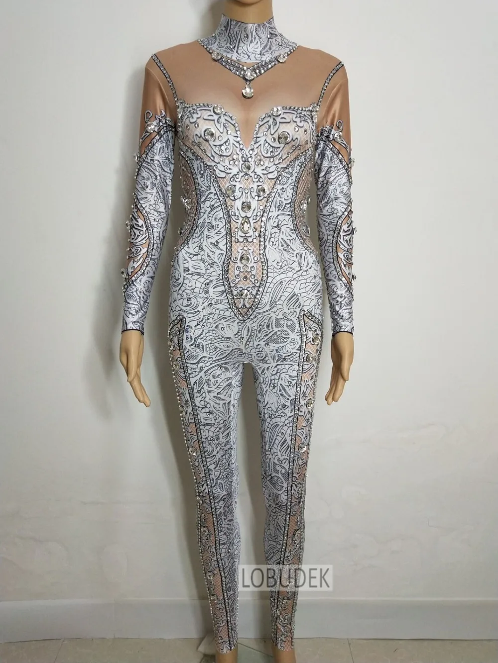 White 3D Prtinting Jumpsuit sparkly Crystal Stones Bodysuit Women Singer DJ DS Stage Costume Birthday Party Sexy Stage outfit