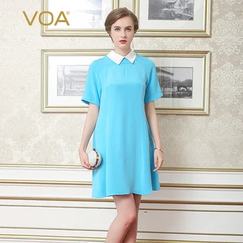 

VOA 2017 New Fashion Silk Summer Dress Light Blue Turn-Down Collar Fifth Sleeve Heavy Mdels Hit The Color Stitching A5571