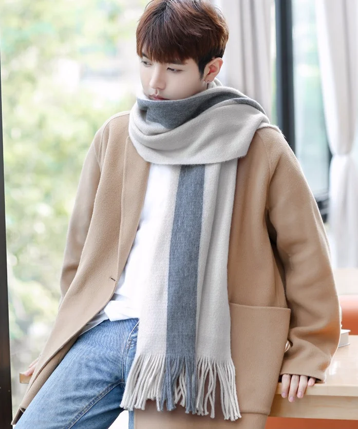 Новинка, зимний мужской шарф, черный, белый цвет, подходит для корейского производства, шарф, мужской, вязаный, шерстяной, с кисточками, длинный, для молодых