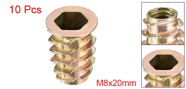 Uxcell Горячее предложение Высокое качество 10 шт. M6 M8 M10 бронзовый тон цинковый сплав шестигранный привод плоская головка резьба для деревянной вставки гайка мебельные гайки - Цвет: M8x20mm