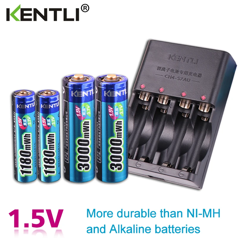 Kopen KENTLI 4 stuks 1.5 v aa aaa batterijen Oplaadbare Li polymer Lithium batterij + 2 slots AA AAA lithium li ion Smart Charger
