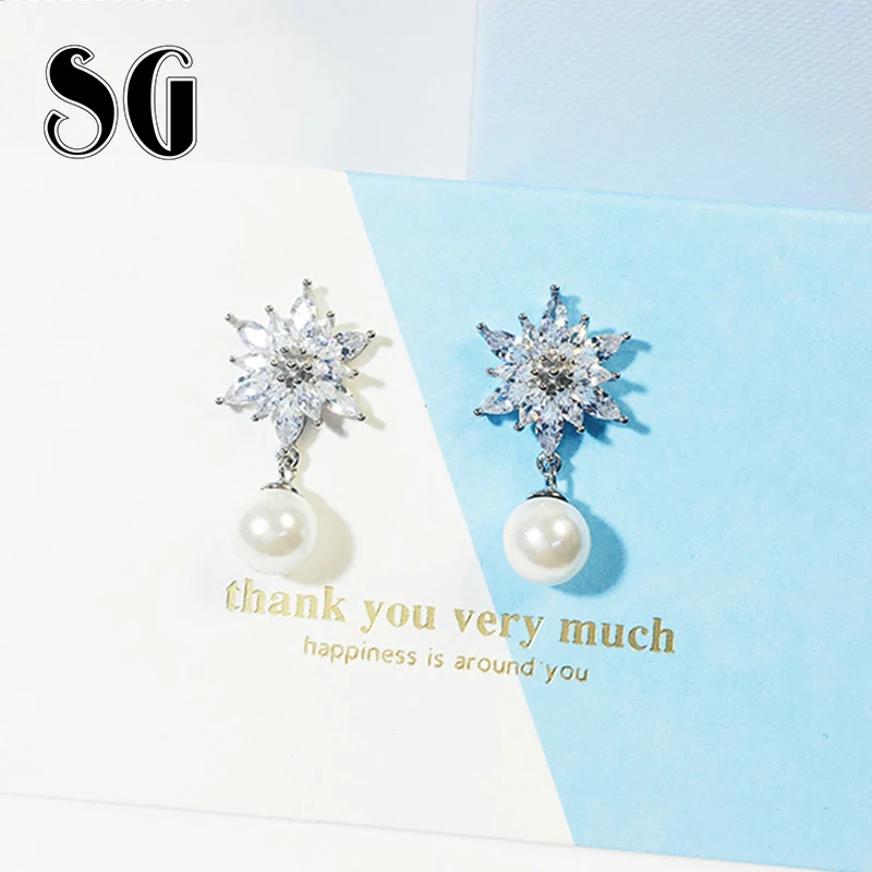 

SG New Arrival Dazzling 925 Sterling Silver Eearrings Snowflake pearl Stud Earrings Fashion Jewelry Accessories for Women Gift