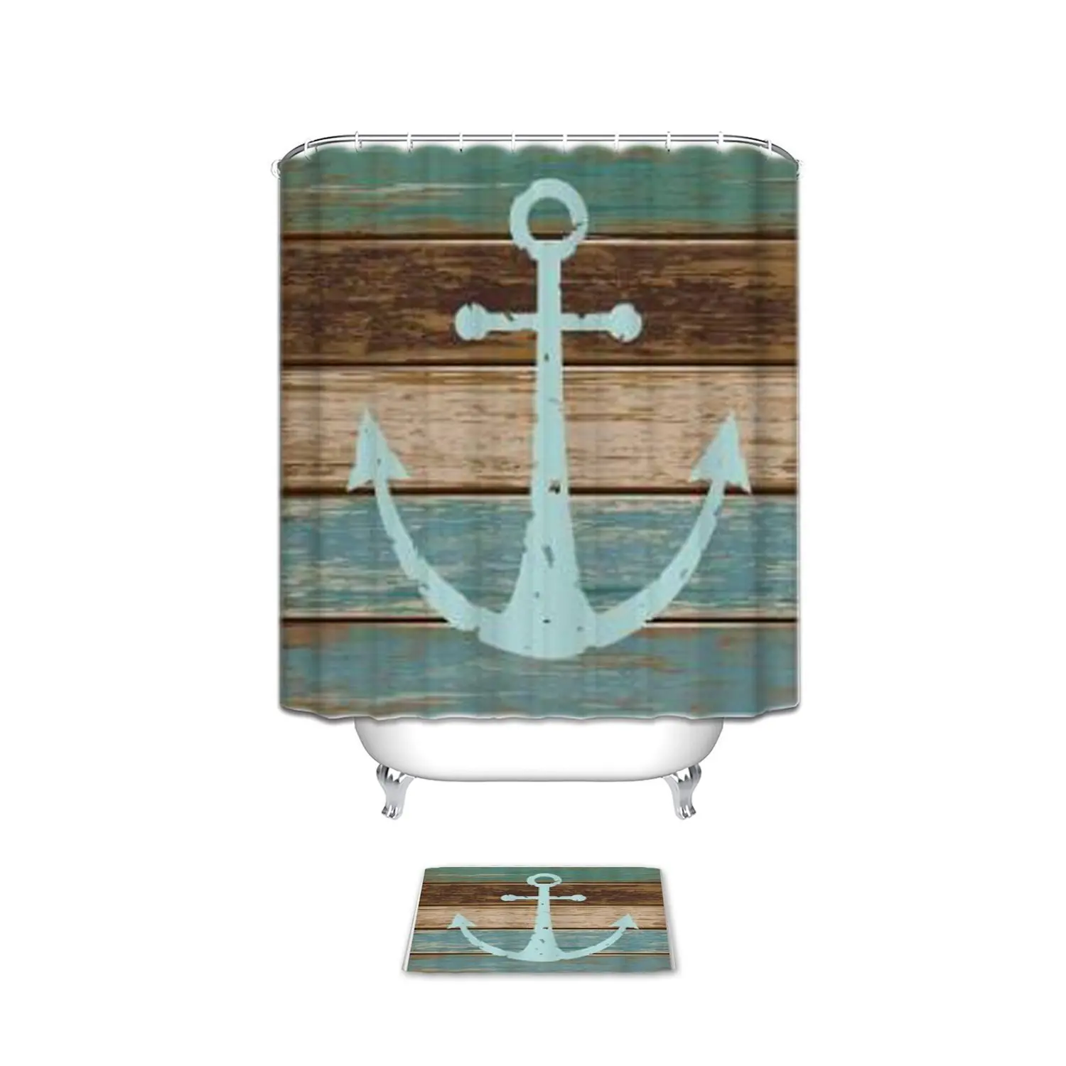 

CHARM HOME Nautical Anchor Rustic Wood Bathroom Shower Curtain with Mats Rugs Bath Accessory Set Bathroom Carpet Toilet Doormat