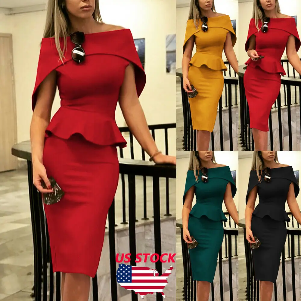 

Women Elegant Sexy off Shoulder Cloak Short Sleeve Solid Midi Pencil Dress Sexy Female Evening Party Club Vestidos XXL