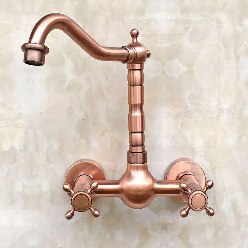 Antique Red Copper Two Cross handles Wall Mounted Kitchen Bathroom Vessel Sink Swivel Spout Faucet Water Tap arg031