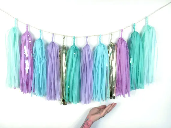 25 Tassel Garland + 4m twine, mixed Teal Blue,Mint,Lavender Purple,silverMermaid Party Decor,Frozen Winter Birthday Decorations