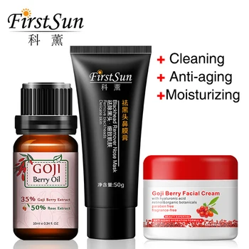 

3pcs Firstsun Goji Anti Aging Wrinkle Face Cream Goji Essence Massage Oil Black Mask Peel Off Blackhead Removal Moisturizing